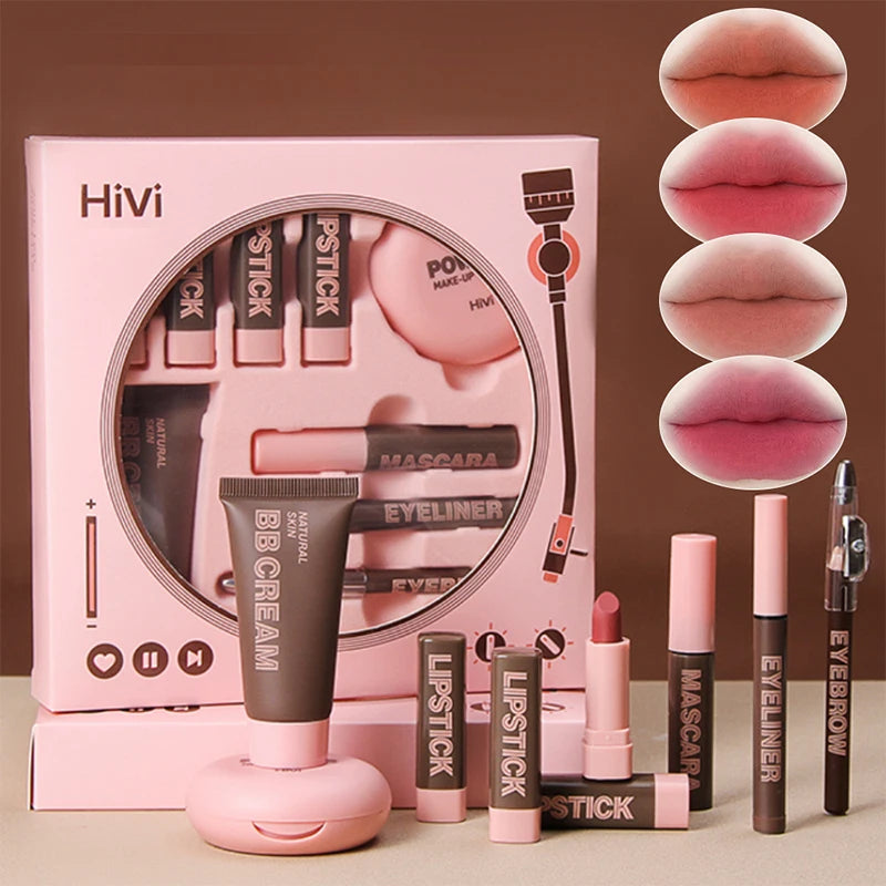 Women's Christmas makeup set, 9 lipsticks & powder press & BB cream... & many more