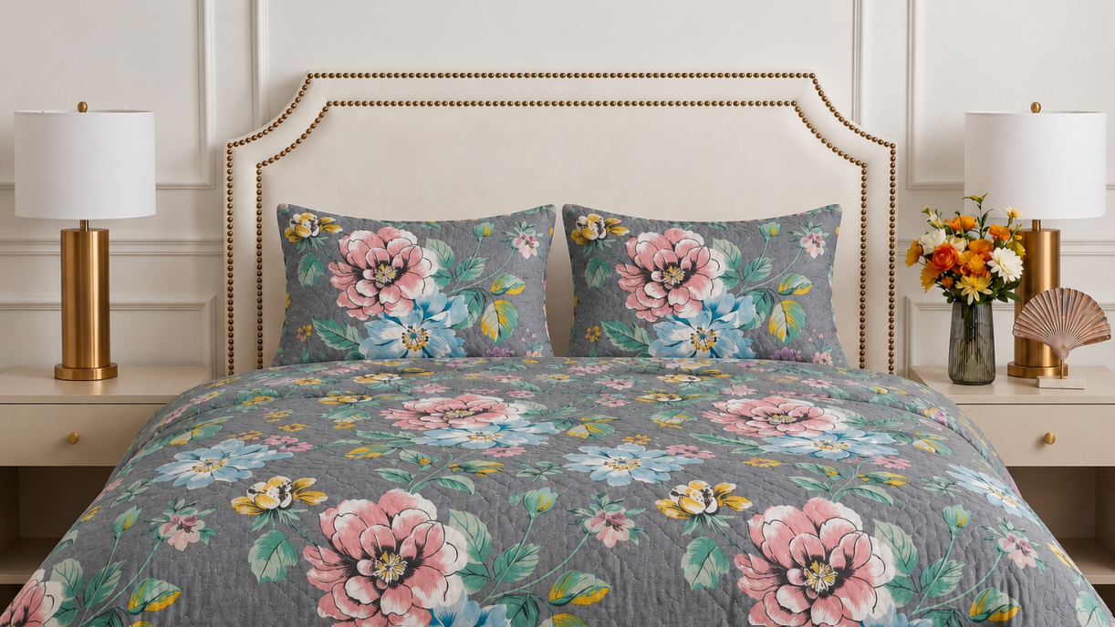 GREY FLORAL PRINTED BEDSHEET